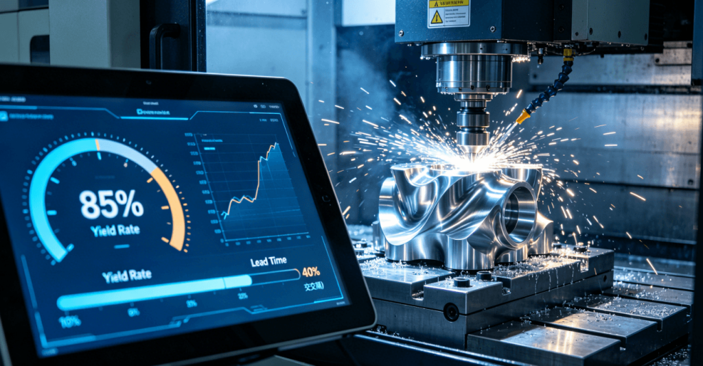 A close-up, overhead view of a detailed inspection report next to a precision-machined metal part with a traceability label. A gloved hand performs a measurement with a micrometer, with SPC charts visible on a laptop in the background.